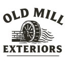 Logo for Old Mill Exteriors: water wheel with the text