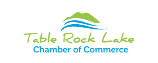 Logo for Table Rock Lake Chamber of Commerce. Mountain and water graphic with green and blue text.