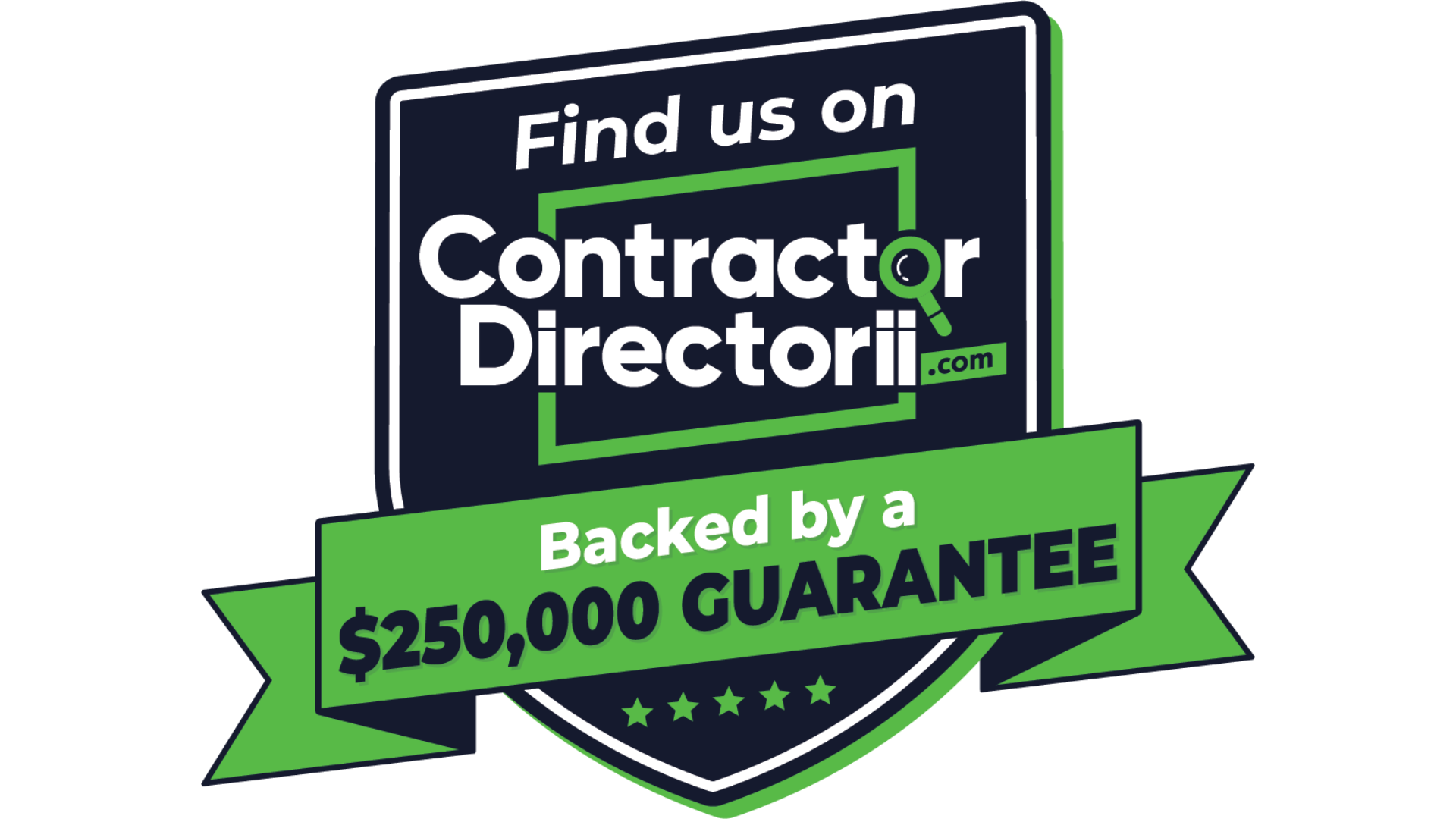 Badge: Find ContractorDirectori.com, backed by a $250,000 guarantee, green and navy design.