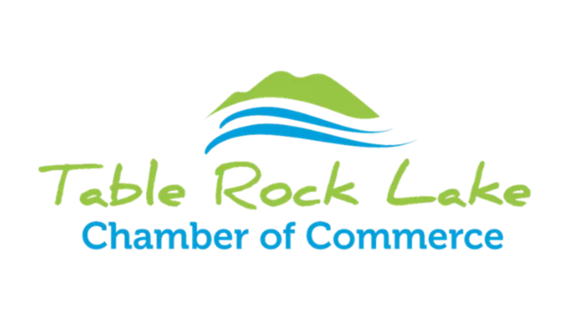 Table Rock Lake Chamber of Commerce logo: green mountain, blue water, light green and blue text.