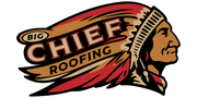 The logo for big chief roofing shows a native american with feathers on his head.