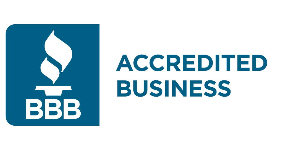 A logo for an accredited business with a flame on it.