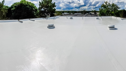 A white roof with trees in the background and a blue sky in the background.
