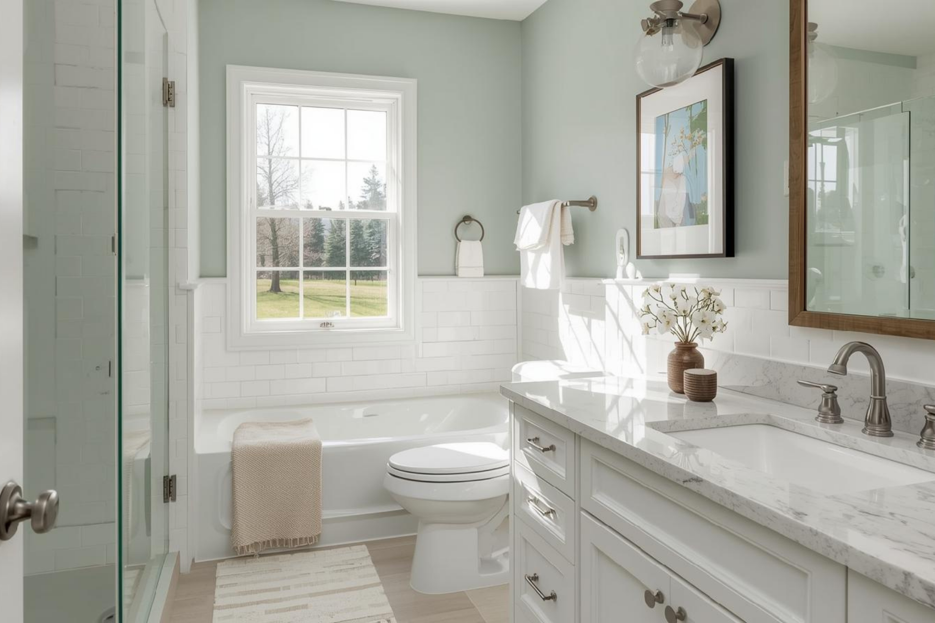 A teal range stove centered in a kitchen with gray cabinets, white tile backsplash, and wooden shelves.
