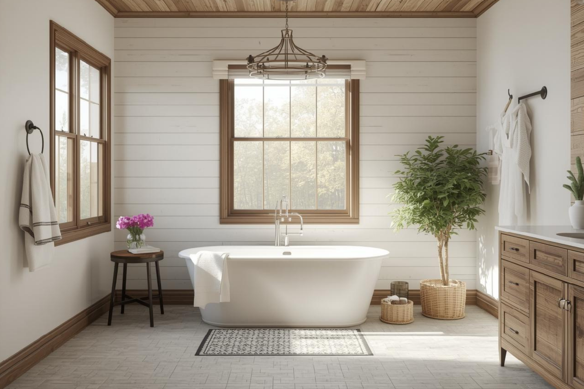 Bathroom with a white tub, wooden accents, and a large window overlooking trees.