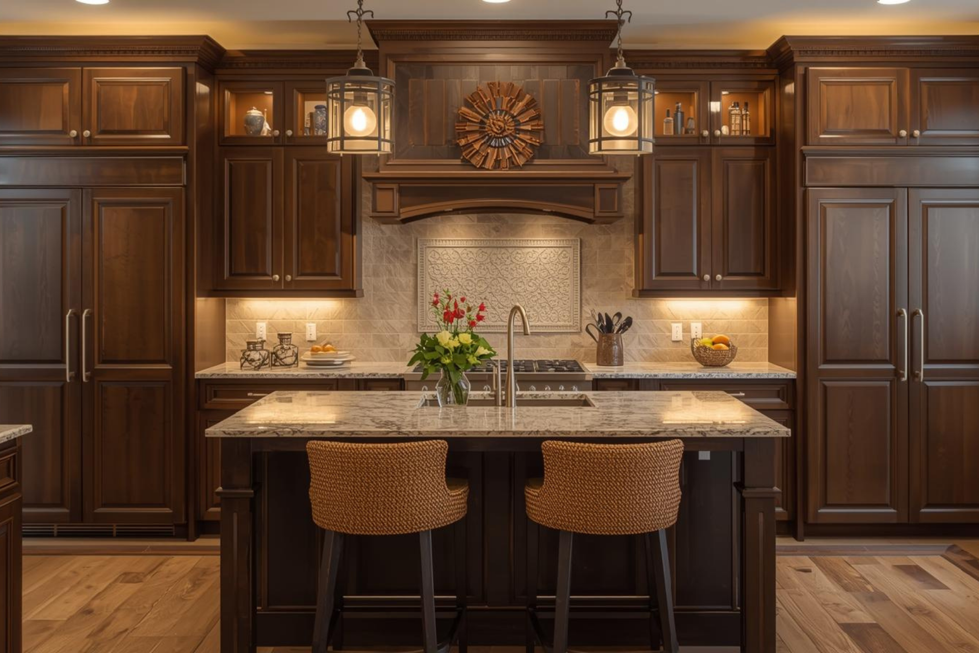 A teal range stove centered in a kitchen with gray cabinets, white tile backsplash, and wooden shelves.