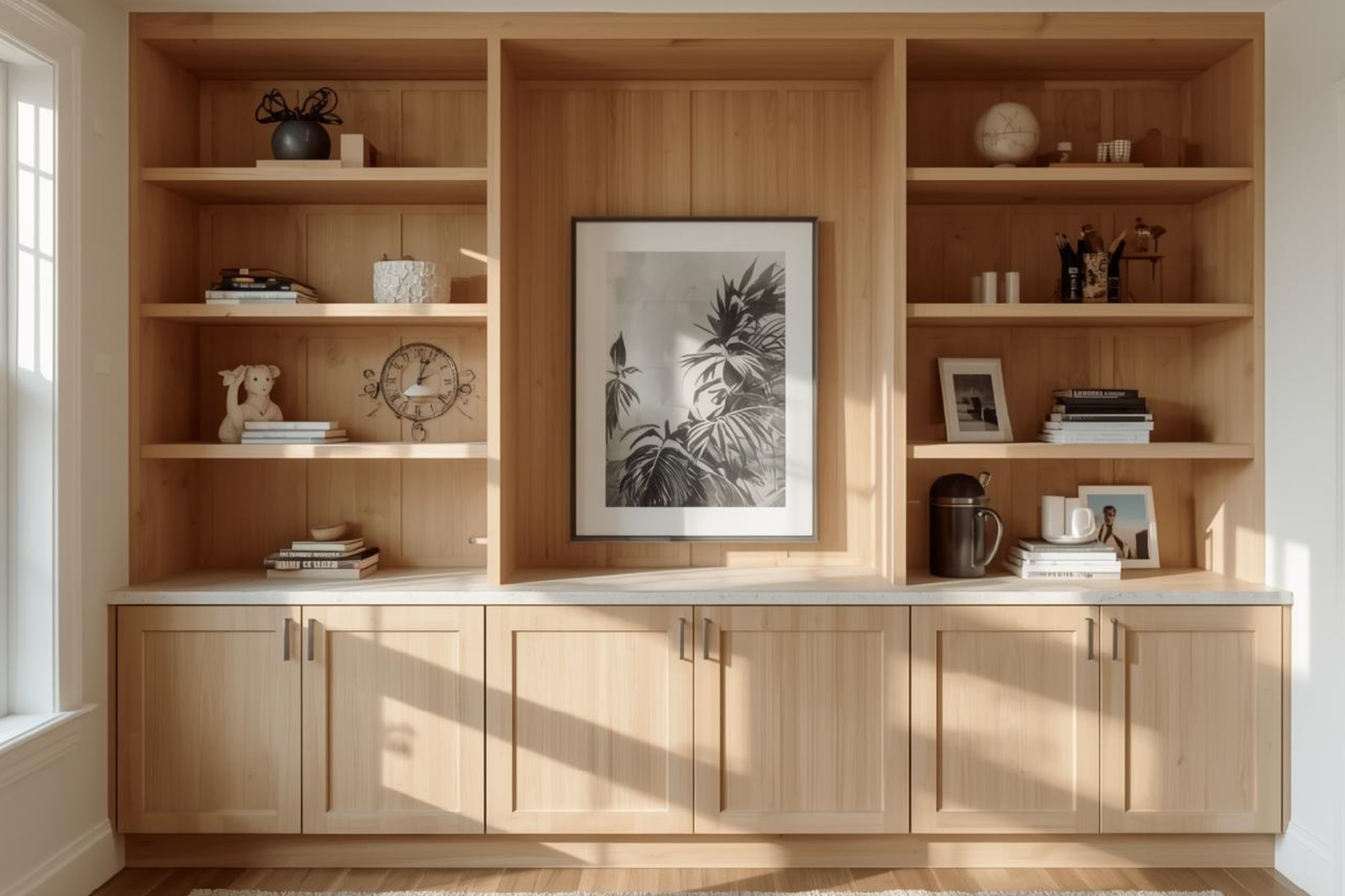 Wooden built-in shelving unit with open shelves, cabinets, and a framed botanical print.
