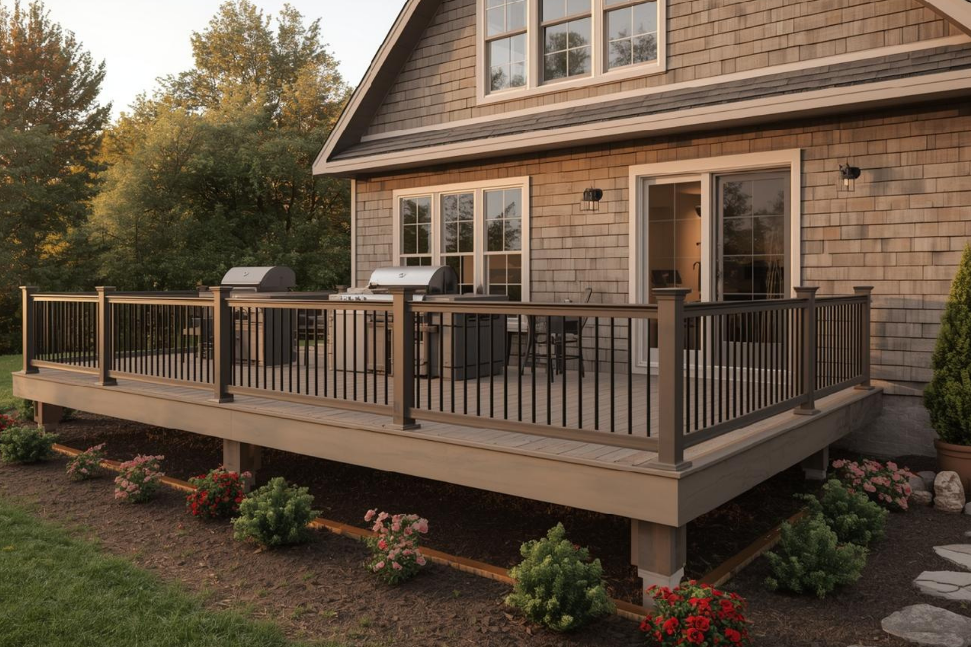 Deck with railing, grill, and house with sliding glass door; landscaping with flowers.