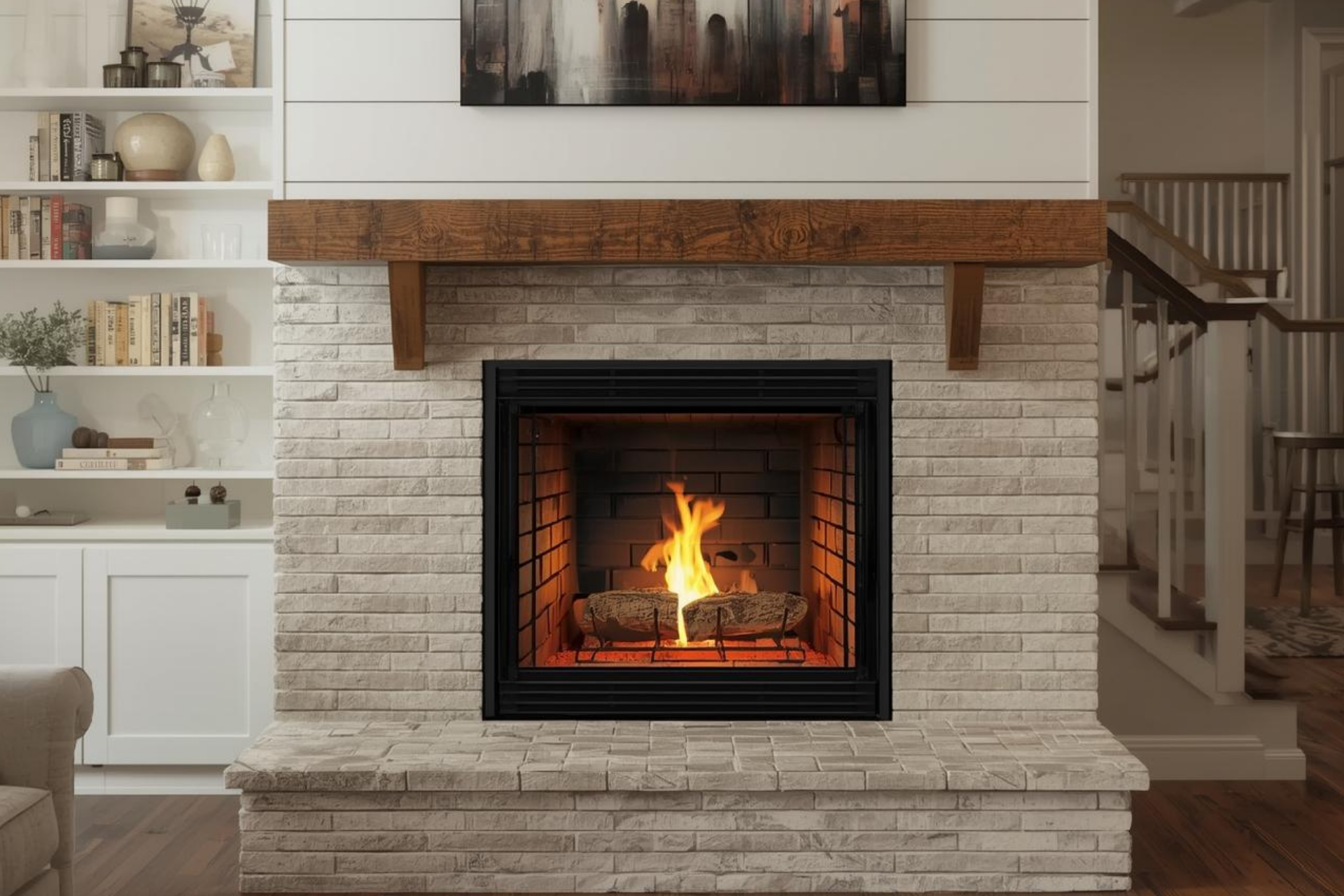 Fireplace with burning logs, black frame, stone surround, wooden mantel.
