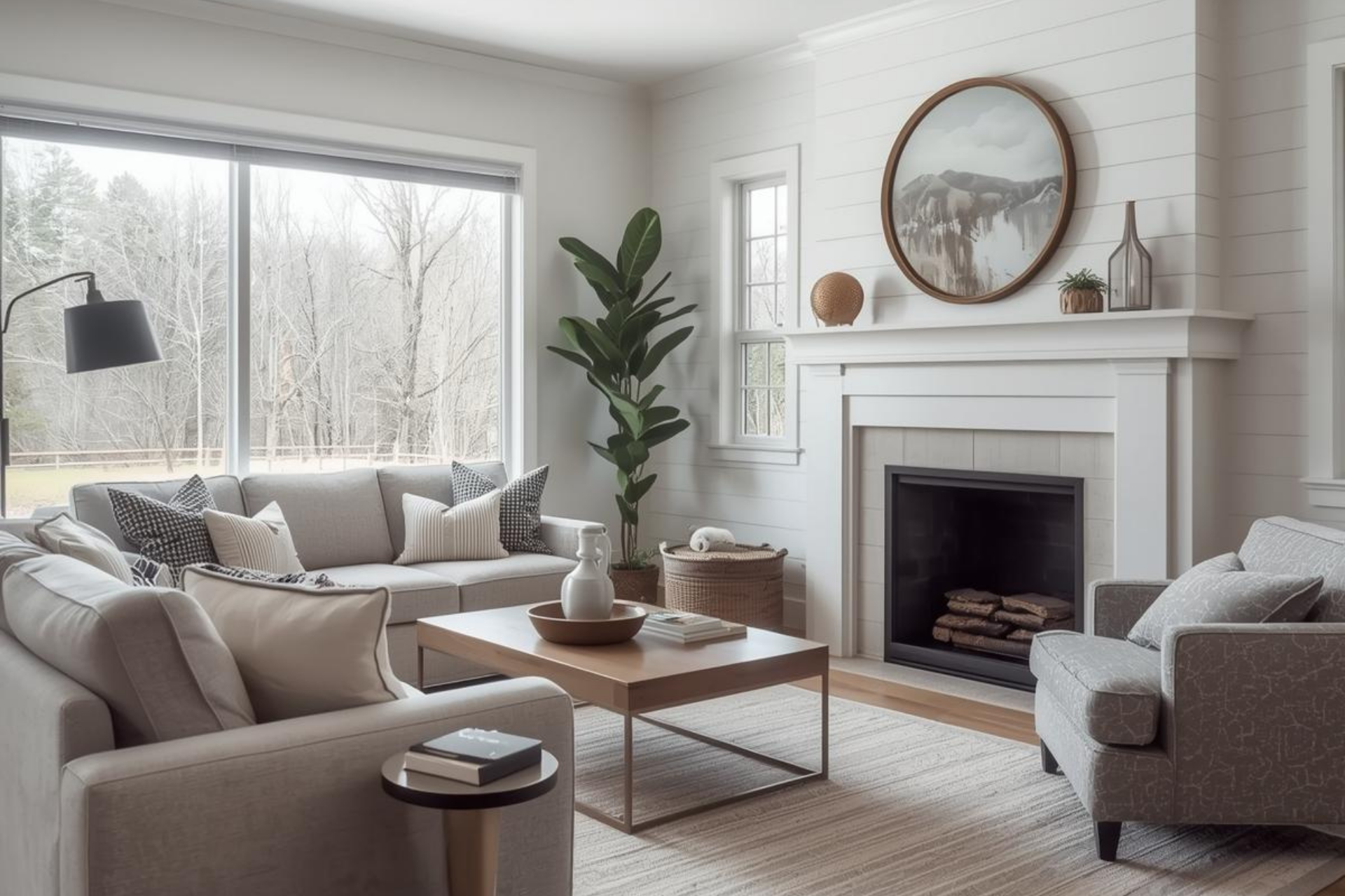 A teal range stove centered in a kitchen with gray cabinets, white tile backsplash, and wooden shelves.