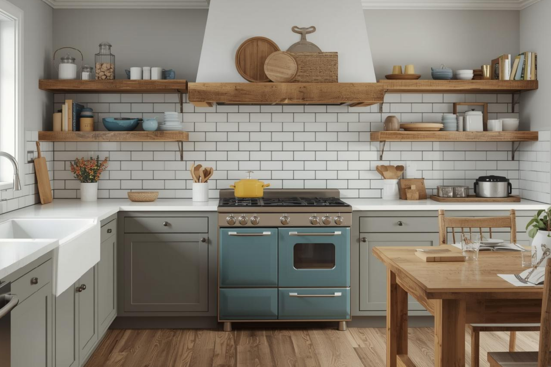 A teal range stove centered in a kitchen with gray cabinets, white tile backsplash, and wooden shelves.