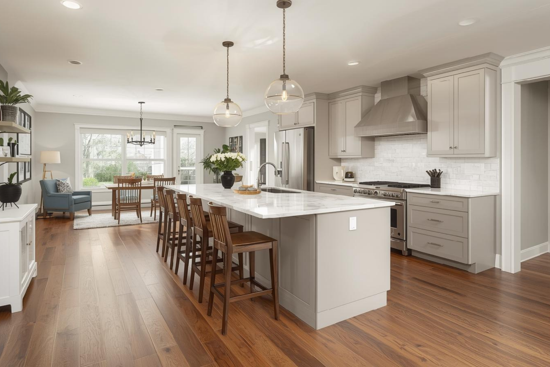 A teal range stove centered in a kitchen with gray cabinets, white tile backsplash, and wooden shelves.