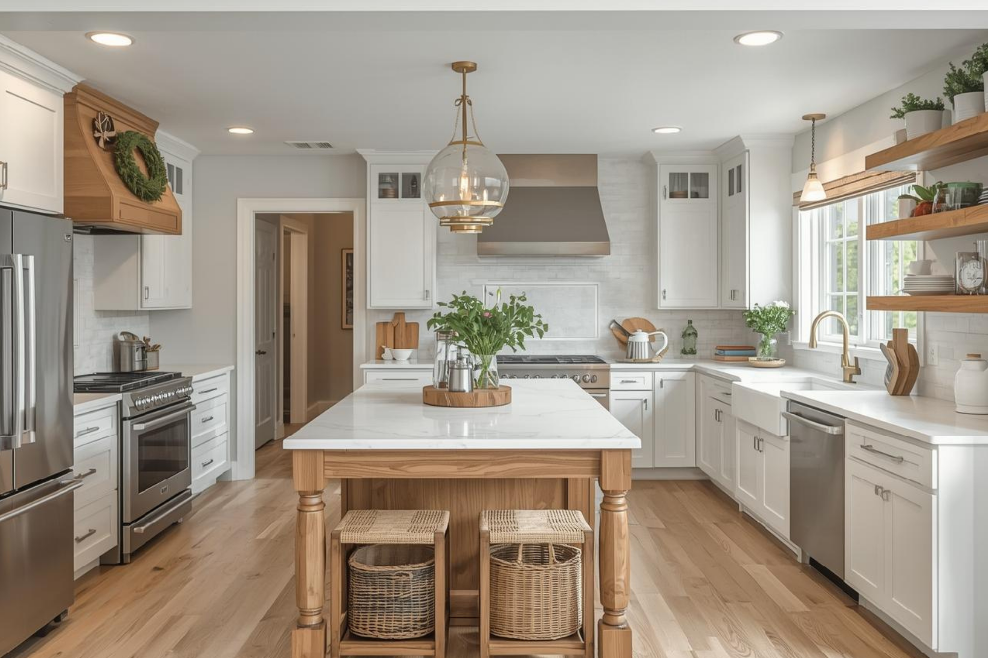 Bright, white kitchen with wooden island and cabinets. Stainless steel appliances and light wood floors.