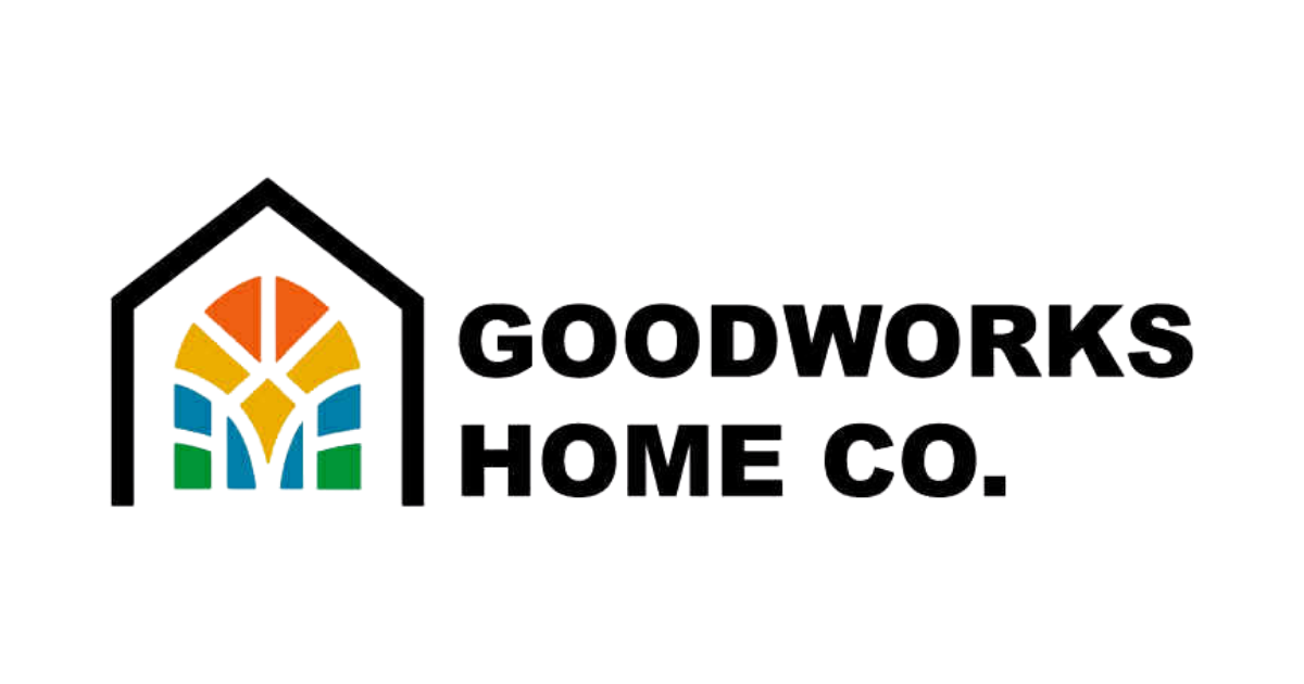 Logo for GoodWorks Home Co., with a house icon and stained-glass window design. The text reads 