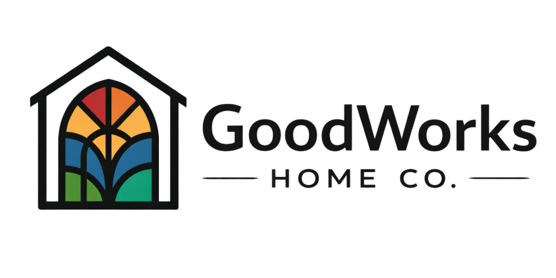 Logo for GoodWorks Home Co., with a house icon and stained-glass window design. The text reads