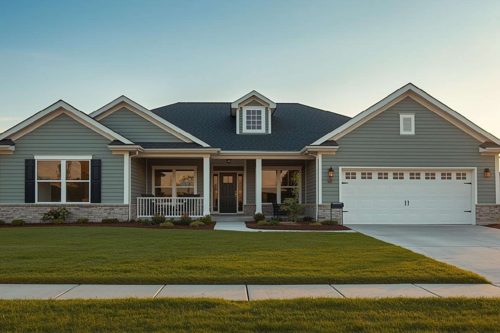 Green suburban house with a white garage door and manicured lawn.