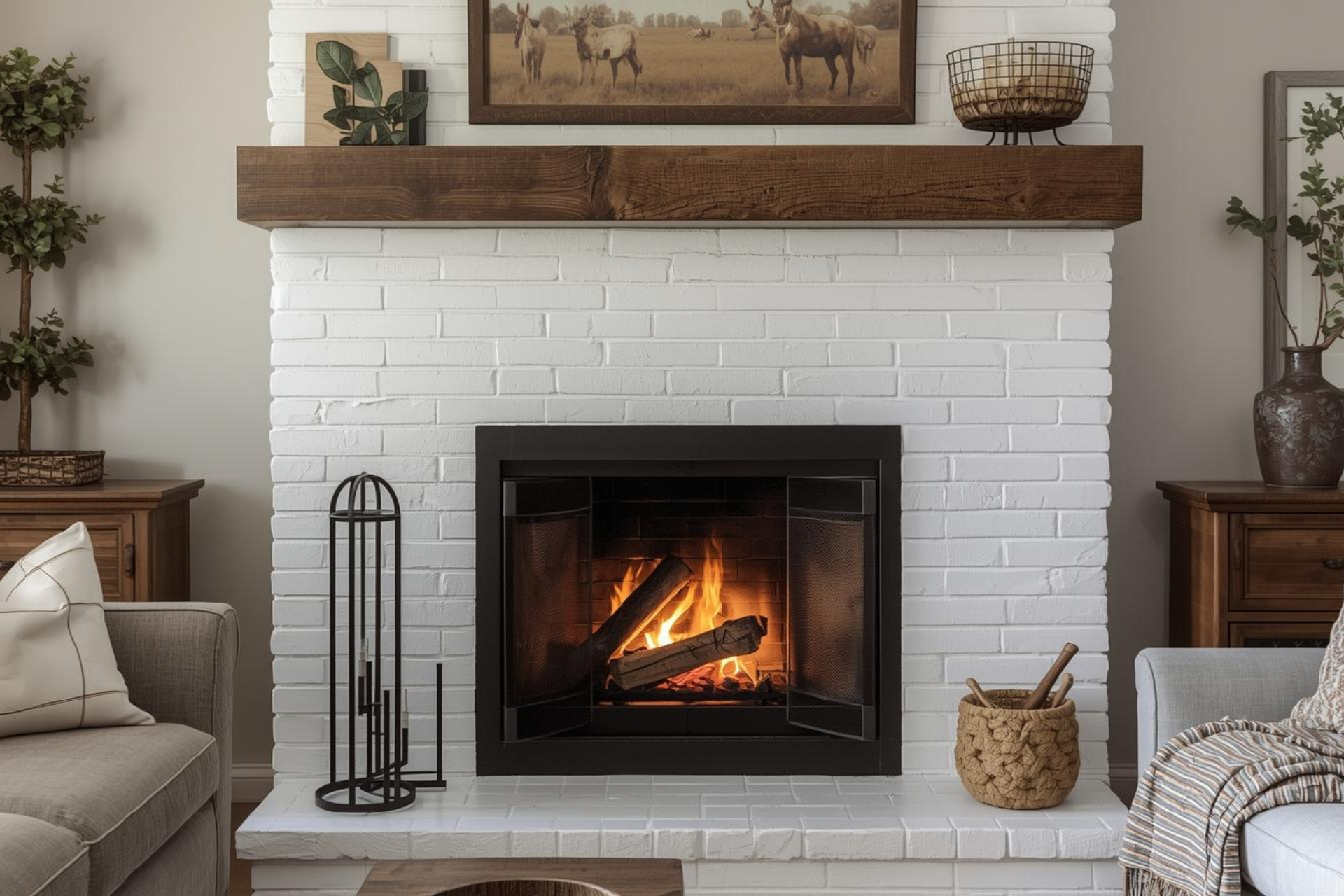 A teal range stove centered in a kitchen with gray cabinets, white tile backsplash, and wooden shelves.