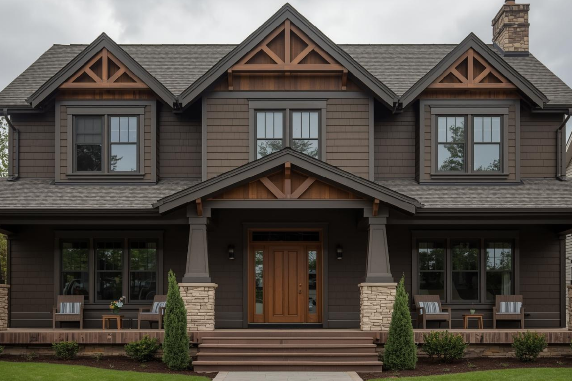 Brown two-story house with stone accents, a wooden door, and covered porch.
