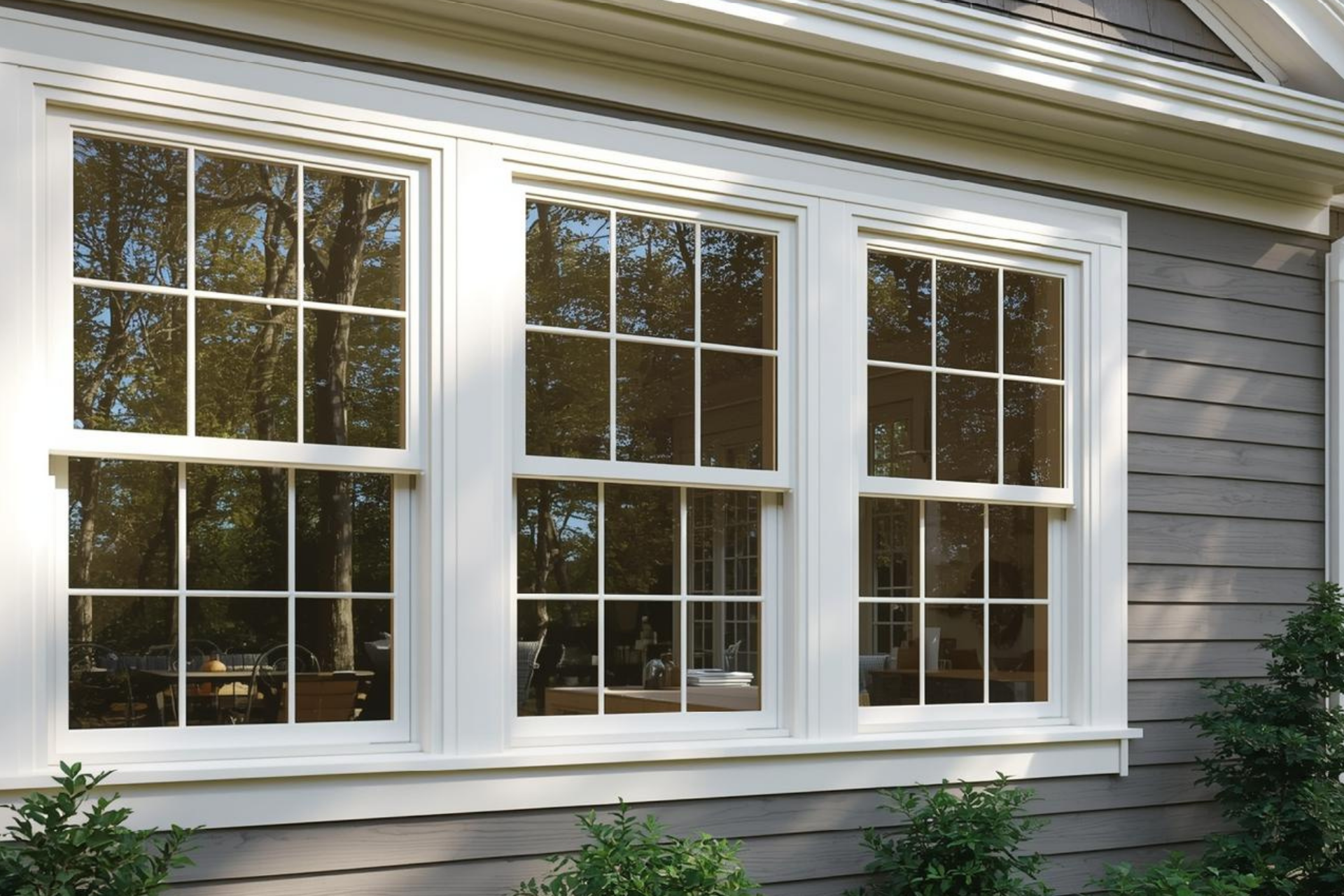 Three white-framed windows on gray clapboard siding; shrubbery below. Reflective glass.