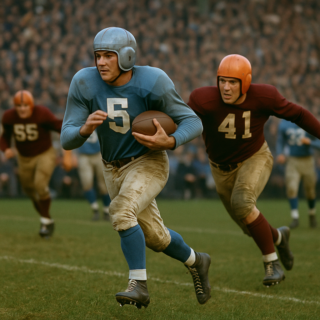 Football player in blue jersey with number 5 runs with the ball, pursued by a player in a maroon jersey, on a grassy field.