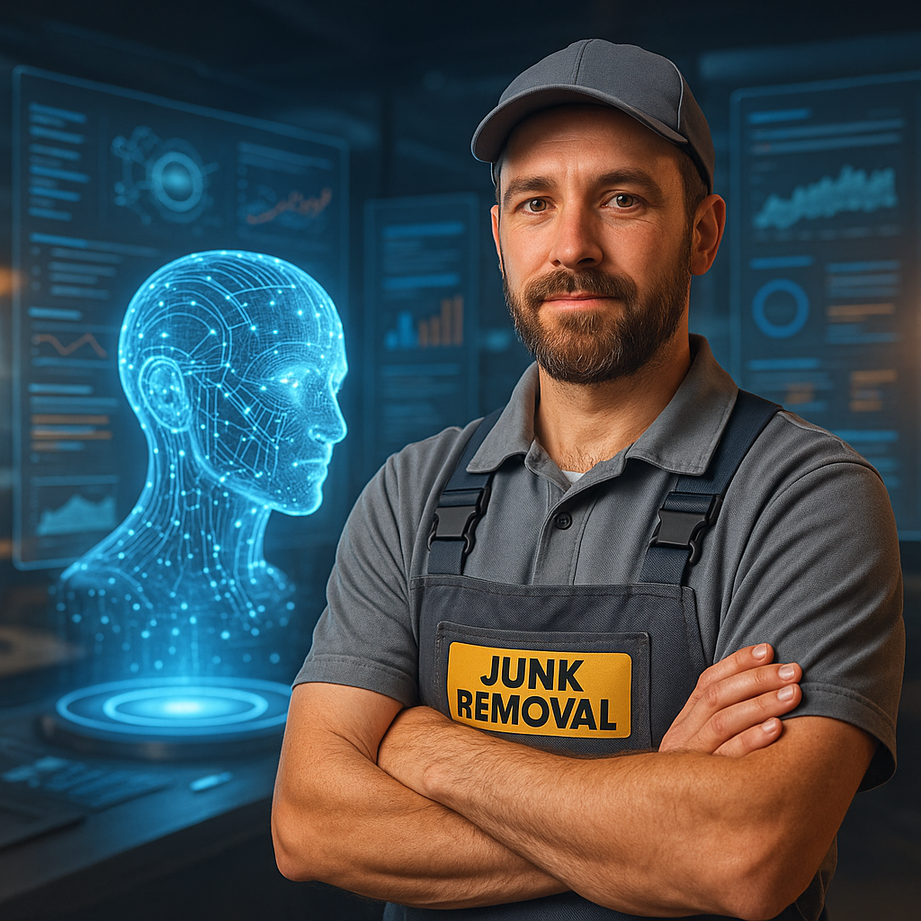 Junk removal worker standing in a futuristic office with holographic AI displays