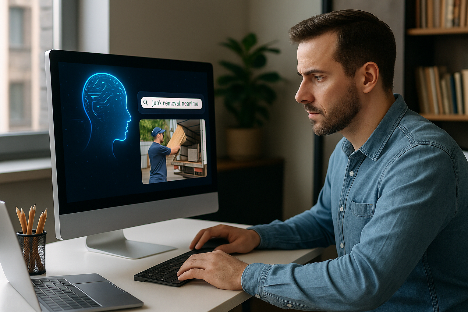 Man using a computer, watching a video of someone working on a car.