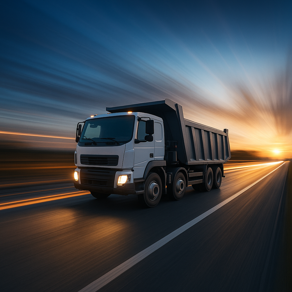 Dump truck on a highway at sunset. Orange and blue sky, motion blur, and a road.