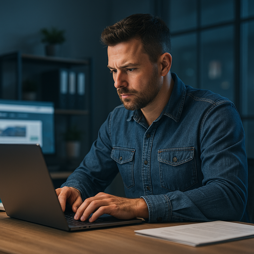 Man working on junk removal website a laptop at a desk in a dimly lit office. Serious expression.