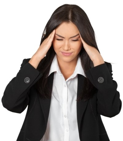 stressed woman in office clothing holding head