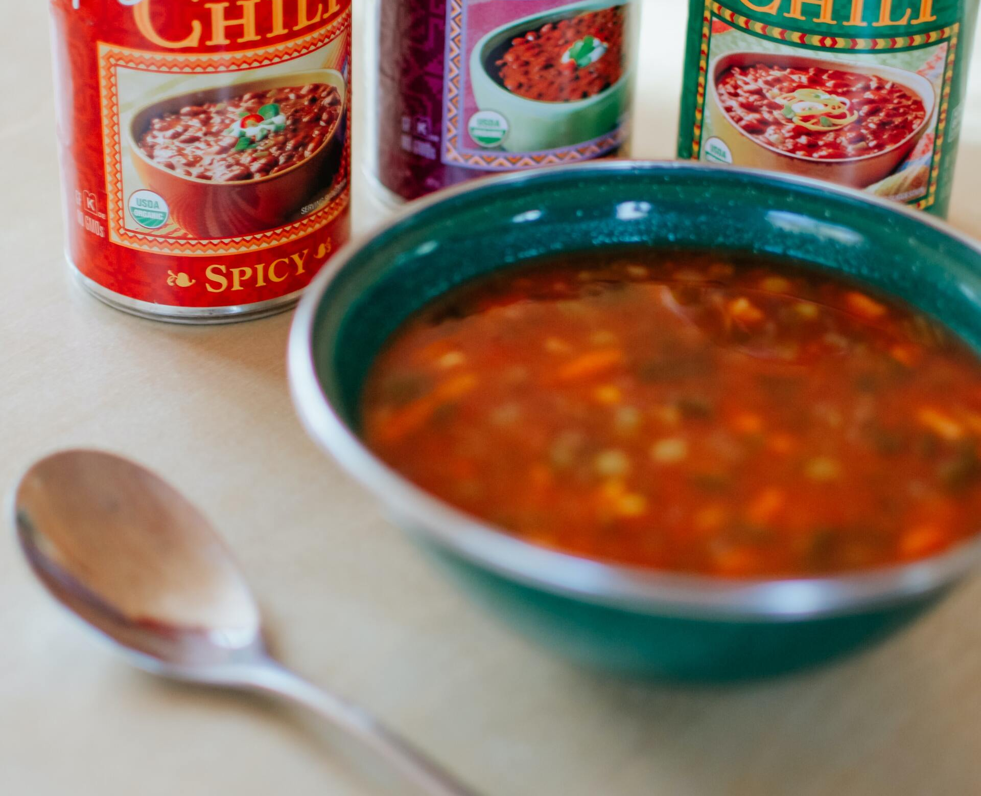 processed canned soup bowl with cans