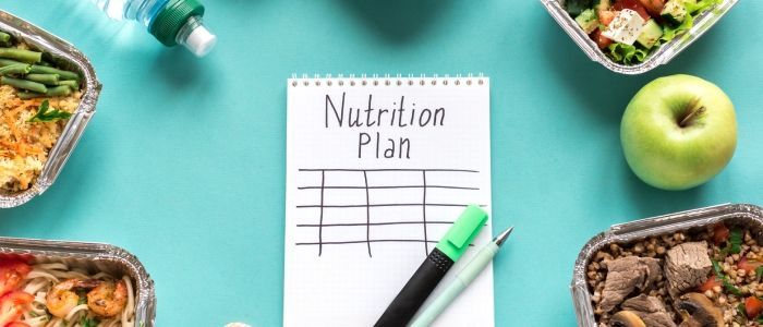 a nutrition plan is written on a notebook next to containers of food .