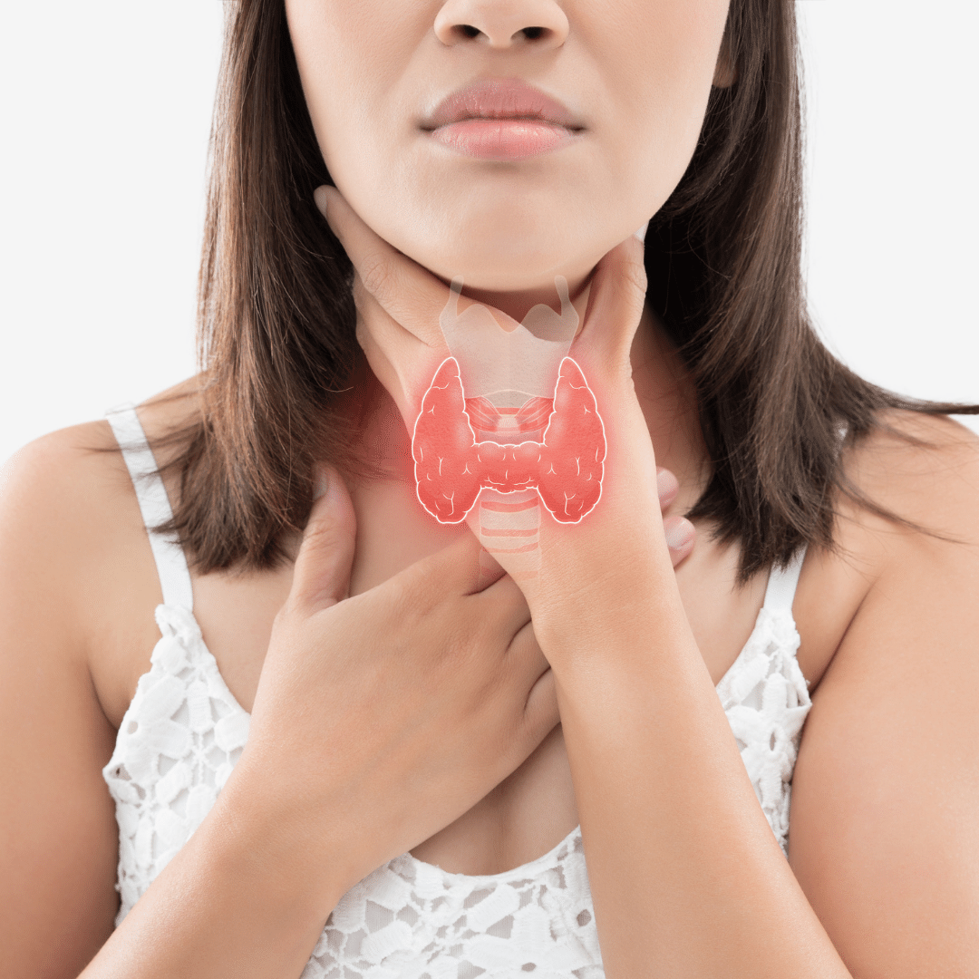 woman holding throat with image of thyroid gland over
