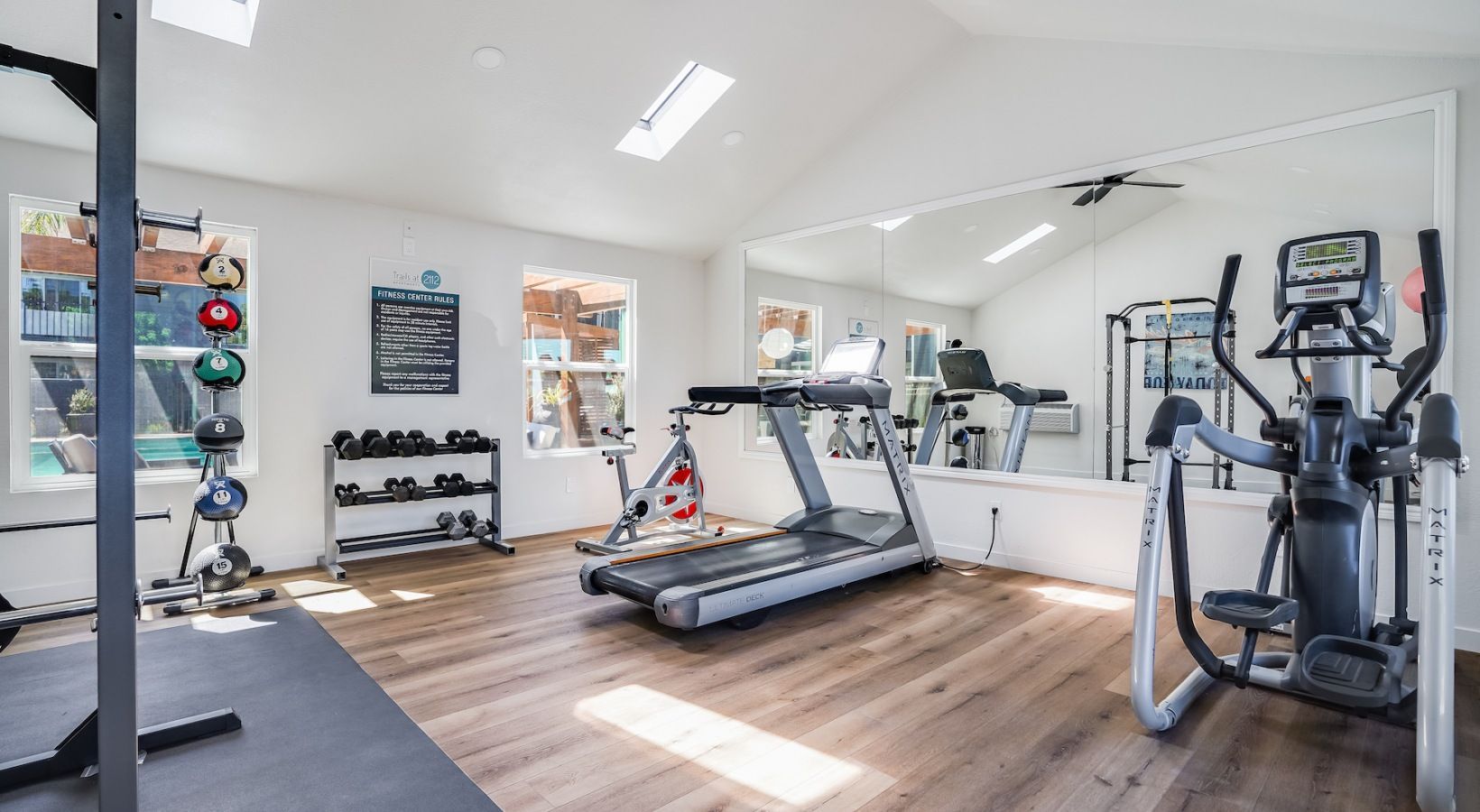 Home gym with treadmill, weights, and elliptical machine.