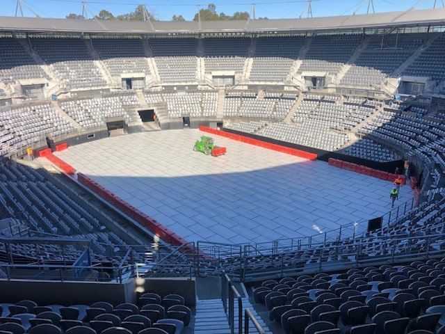 Honcho Boss Mat HD proving  surface protection for an existing centre court on  Ken Rosewall Arena - AW Edwards