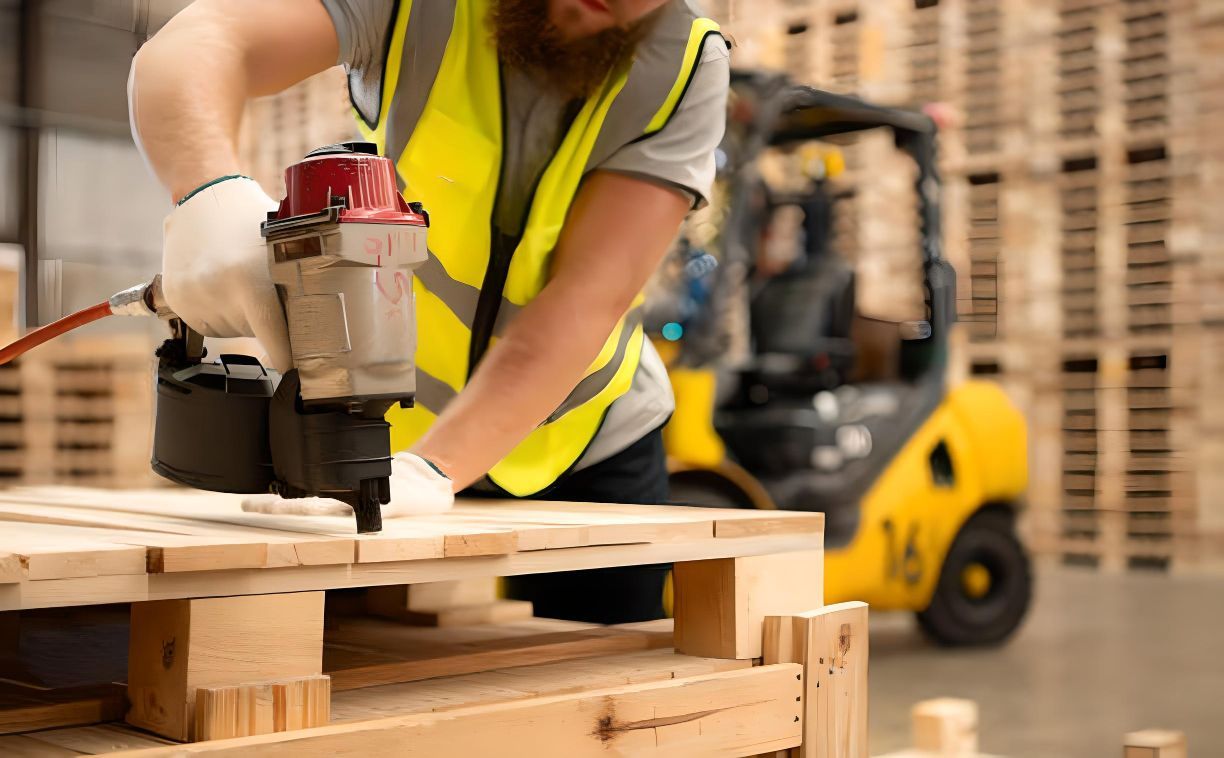 a man is working on a wooden pallet in a warehouse