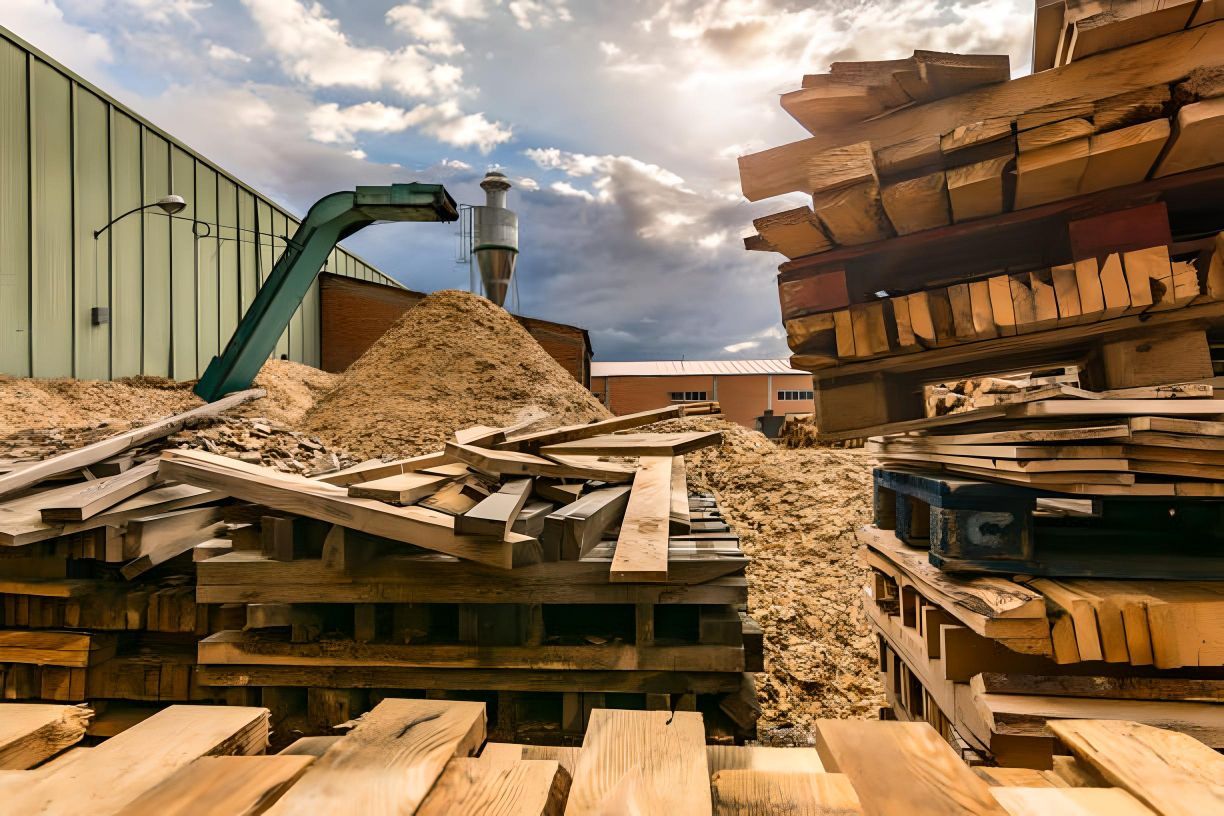 A pile of wooden pallets outside with a wood chipper in the background