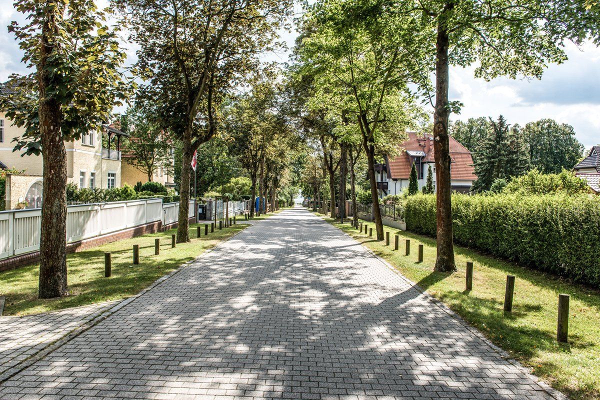 Eine von Bäumen und Büschen gesäumte Backsteinstraße in einem Wohngebiet.