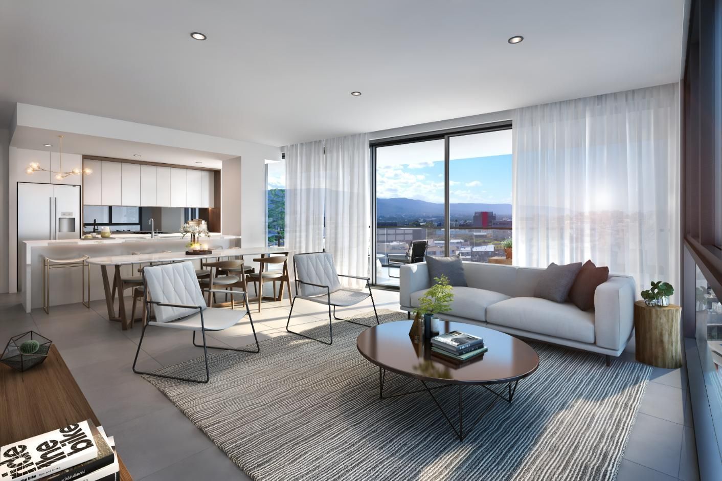 Modern Living Room With Kitchen, Dining Area, Seating, and City View — Instyle Curtains & Blinds in Bungalow, QLD