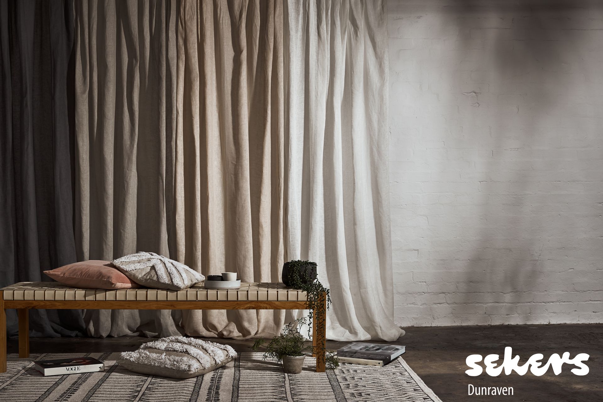 Window With Beige Curtains and Tiebacks, Overlooking Lush Green Trees — Instyle Curtains & Blinds in Bungalow, QLD