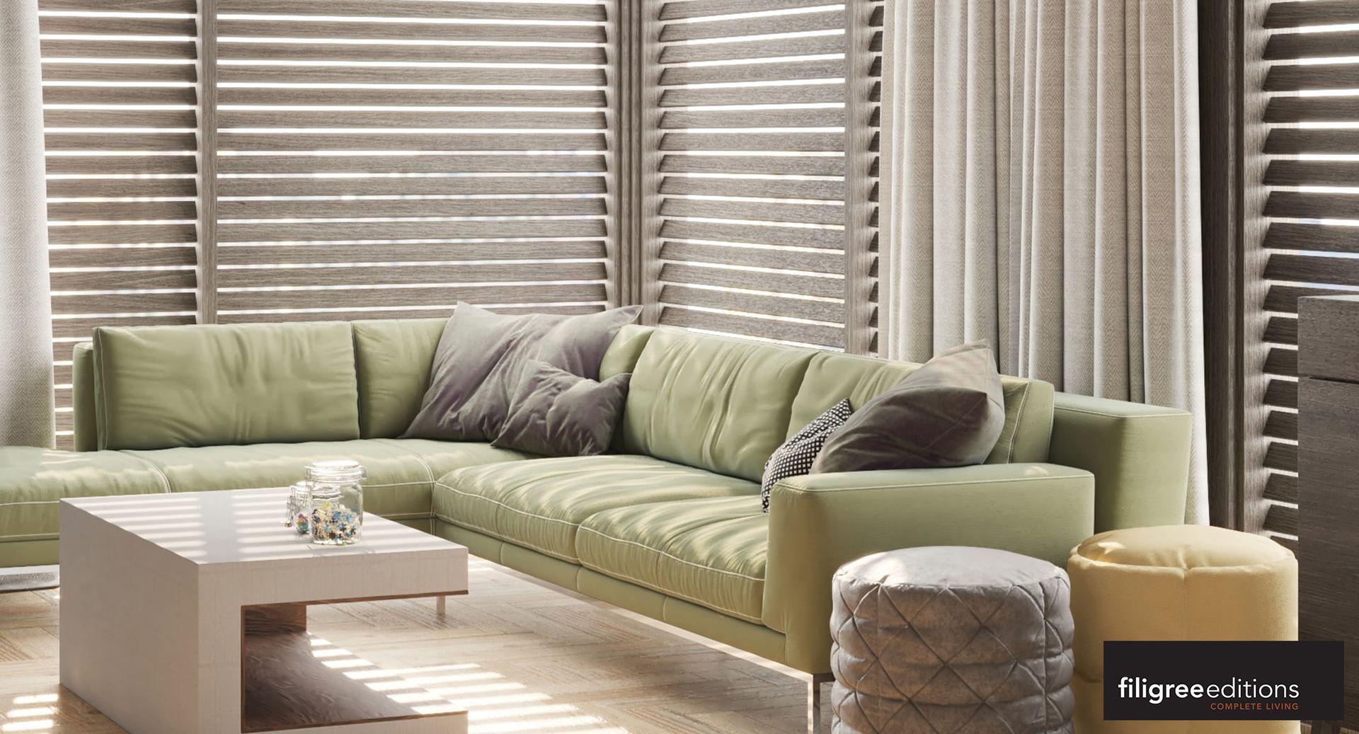 Beige Window Blinds, Angled, Casting Shadows — Instyle Curtains & Blinds in Bungalow, QLD