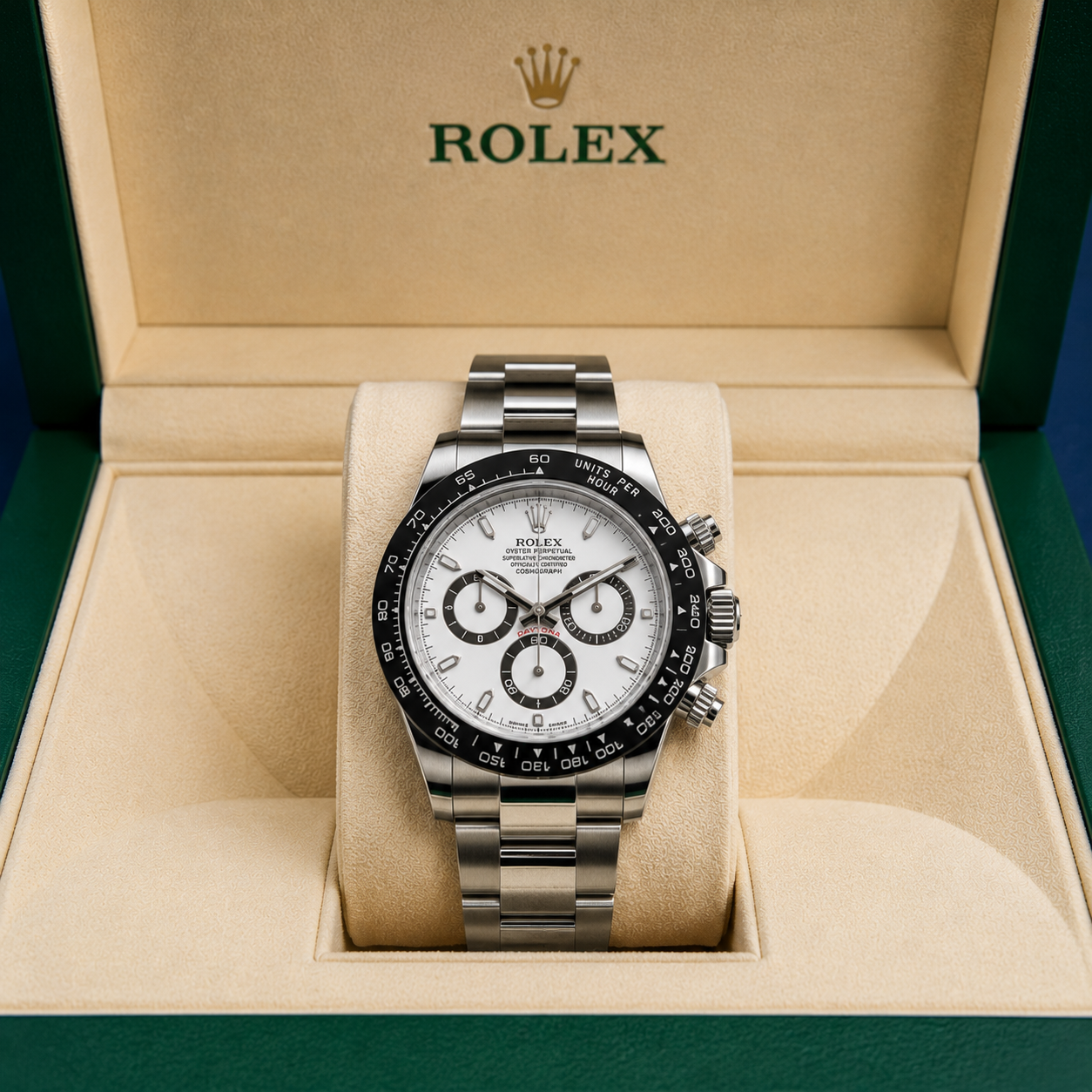 Rolex watch in an open beige presentation box, with silver band and white dial