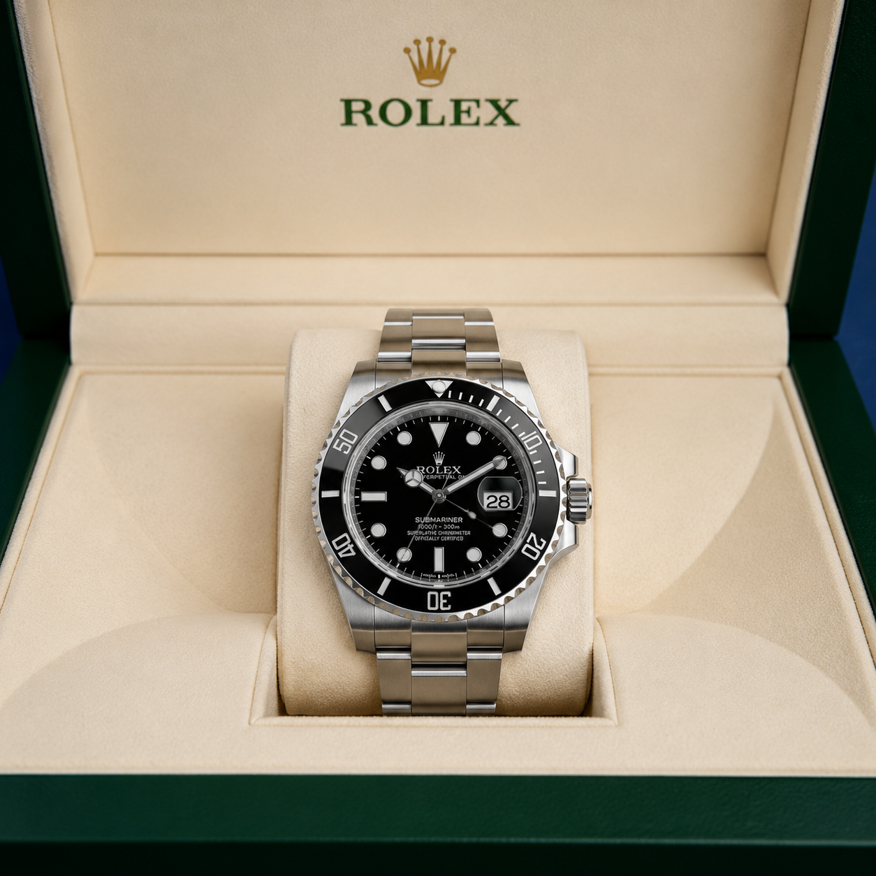 Rolex wristwatch in an open presentation box on a beige cushion