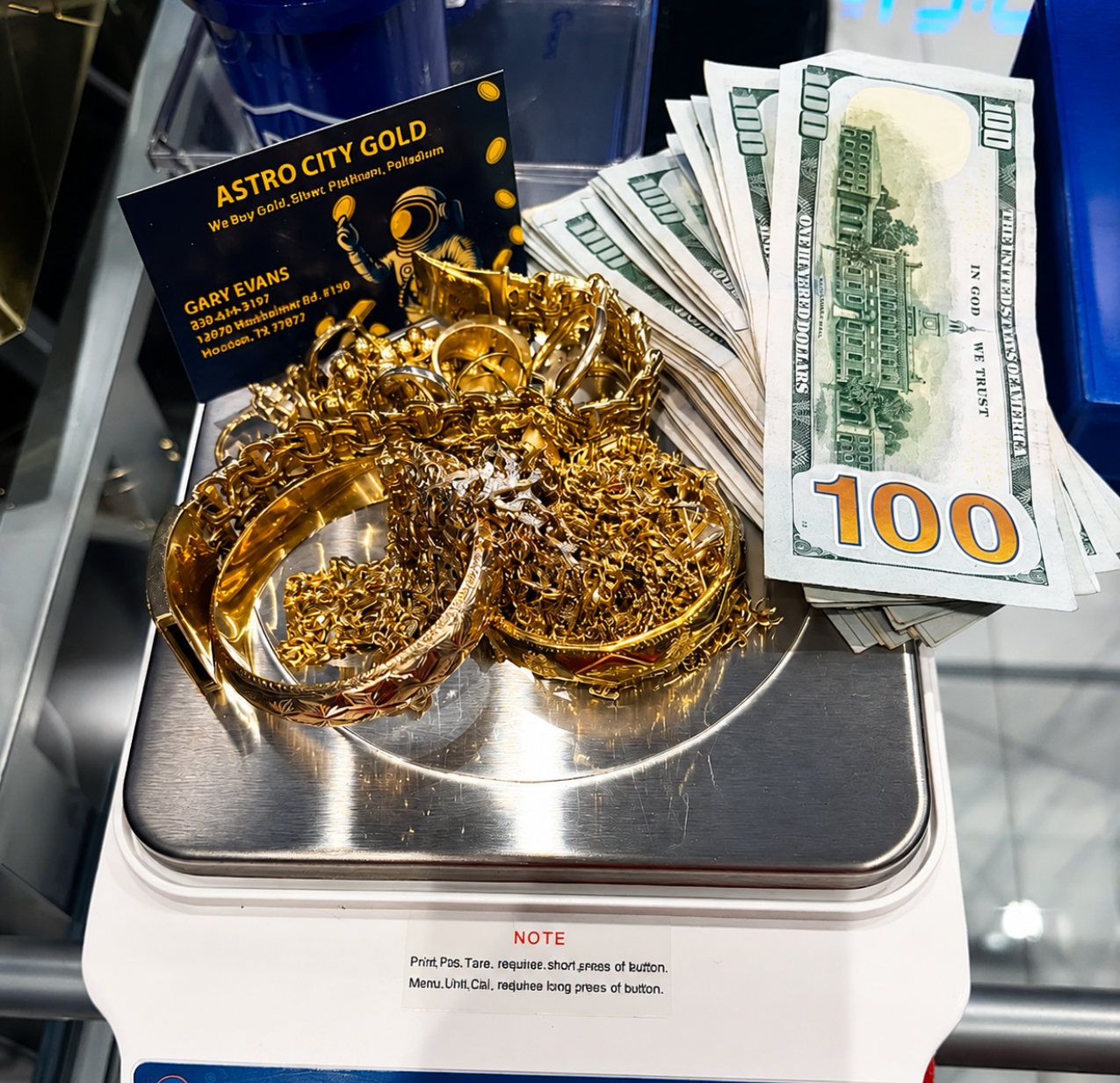 Gold jewelry and a stack of hundred-dollar bills displayed on a silver scale