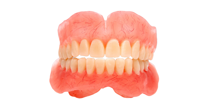 A close up of a denture on a white background.