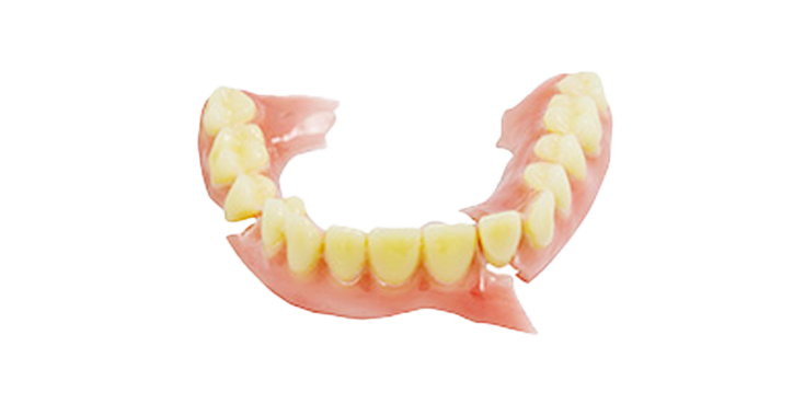 A close up of a broken denture on a white background.