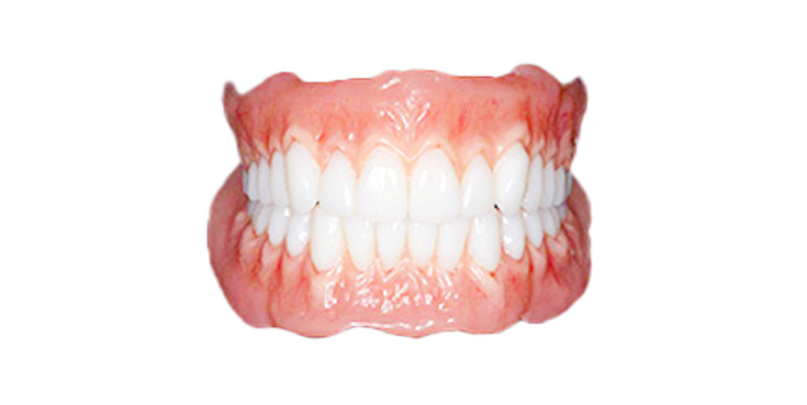A close up of a denture with white teeth on a white background.