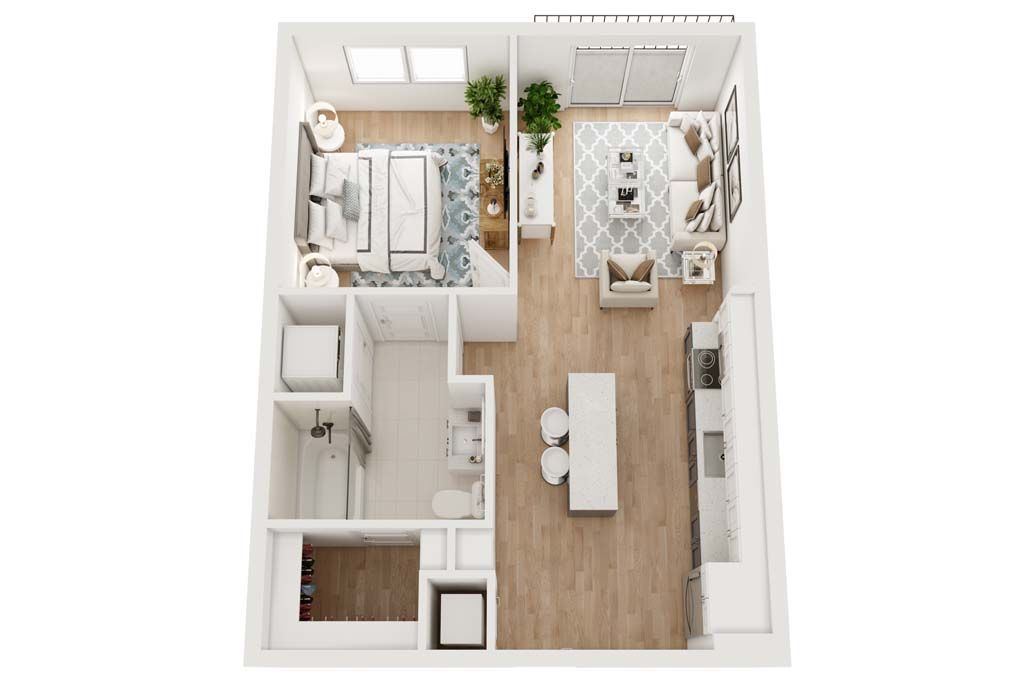 Top-down view of a small apartment floor plan with bedroom, bathroom, kitchen, and living room furnished in neutral tones.
