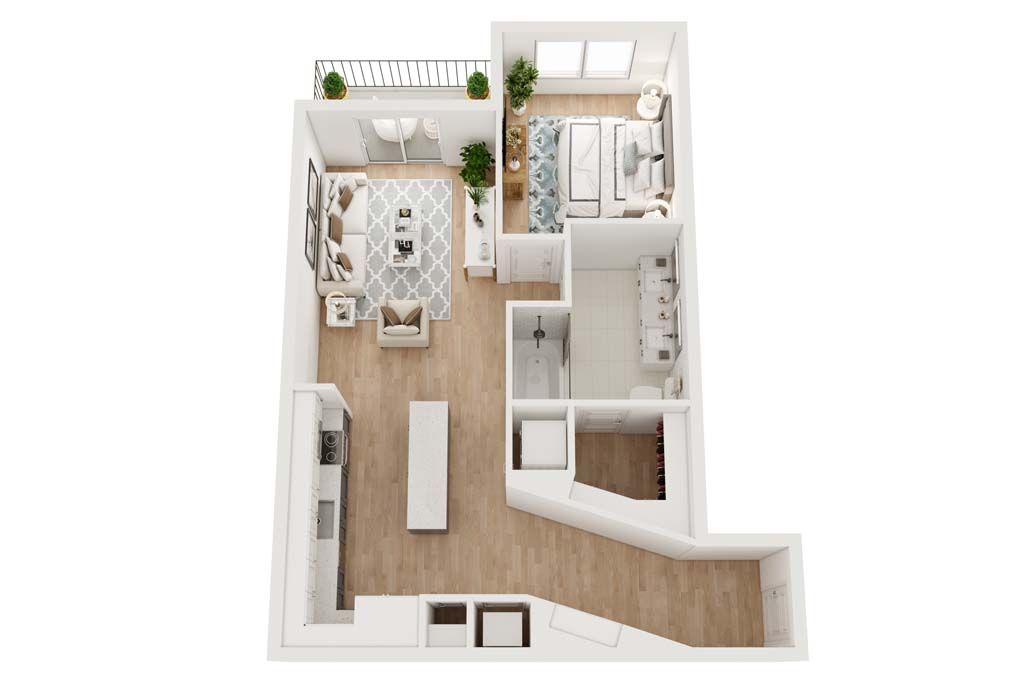 Floor plan of a modern apartment with living area, kitchen, bedroom, bathroom, and balcony.