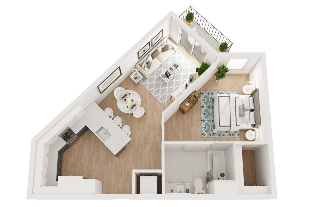 Floor plan of a modern apartment with kitchen, dining, living, and bedroom areas. Includes balcony and bathroom.