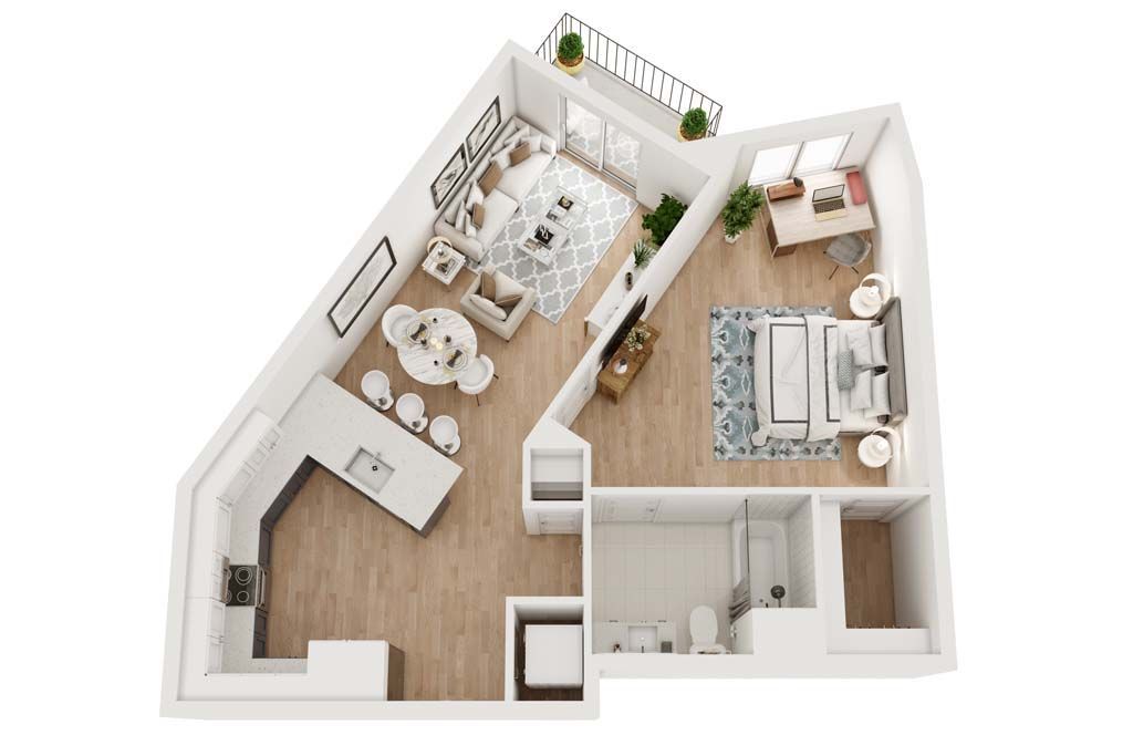 Floor plan of a modern apartment; shows kitchen, living, dining, and bedroom areas. Beige wood floors.